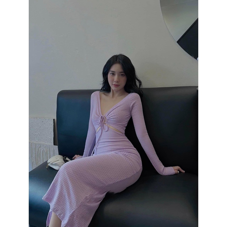 Váy Ôm Body Dài Tay Dây Rút Cutout Ngực Nhiều Màu Pastel HottrendThời Trang Nữ Đẹp Quyến Rũ