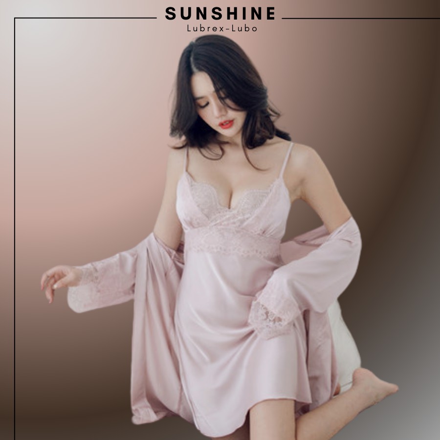 Váy Ngủ Lụa Kèm Áo Choàng Ngủ Lụa Cao Cấp CÓ MÚT NGỰC MÀU HỒNG SUNSHINE MNT560