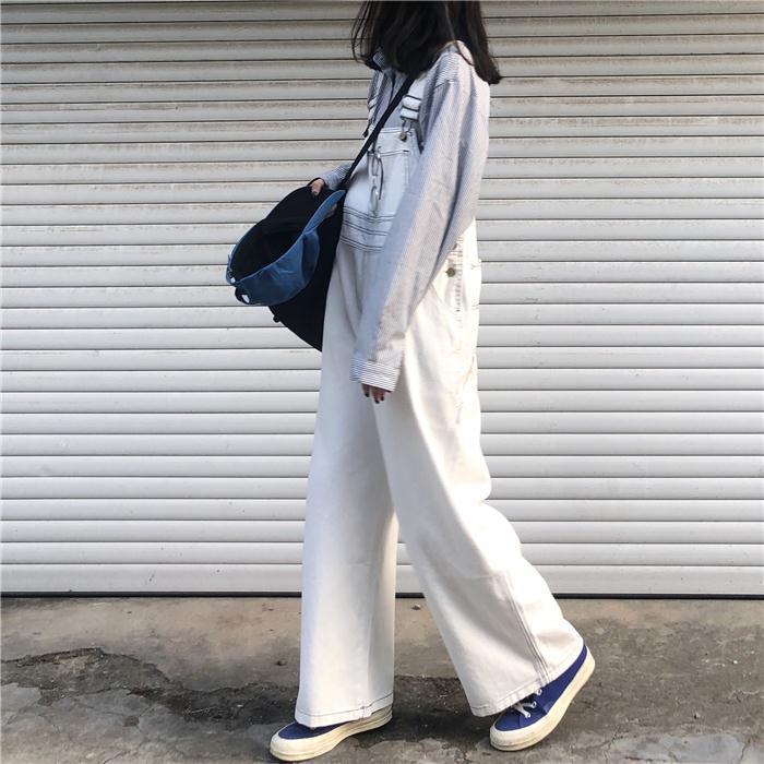 Quần Yếm Denim Ống Rộng Màu Đen Ống Rộng Phong Cách Hàn Quốc Retro Thời Trang Cho Nữ Mới