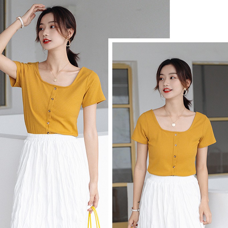 Xiaozhainv Áo thun nữ tay ngắn màu trơn đáng yêu