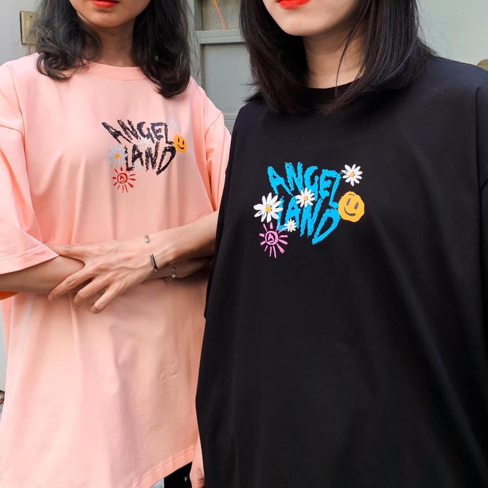 Áo thun nam nữ Angel Land unisex tay lỡ cổ tròn cotton hồng đen basic phom rộng oversize local brand Cheapy