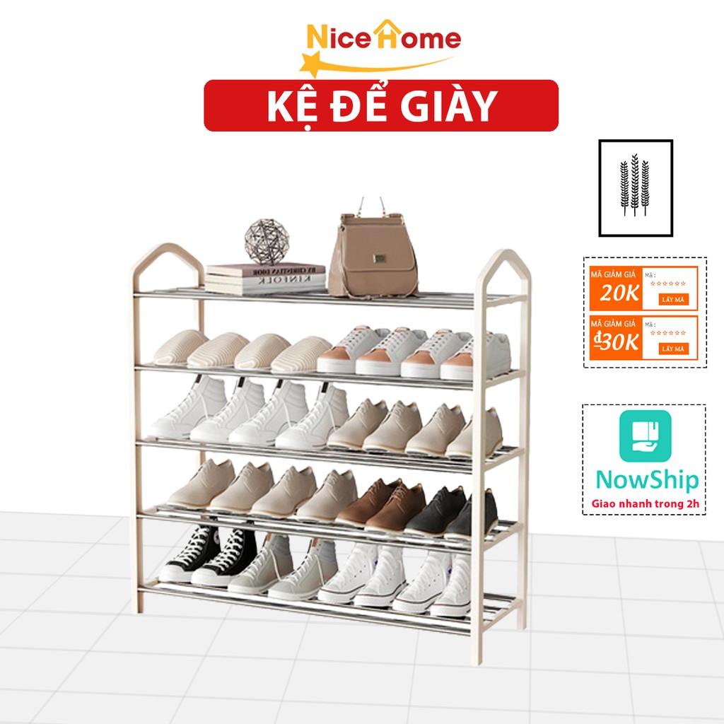 Kệ để giày dép 5 tầng, kệ giày lắp ghép bằng inox tiện lợi 2 màu đen trắng