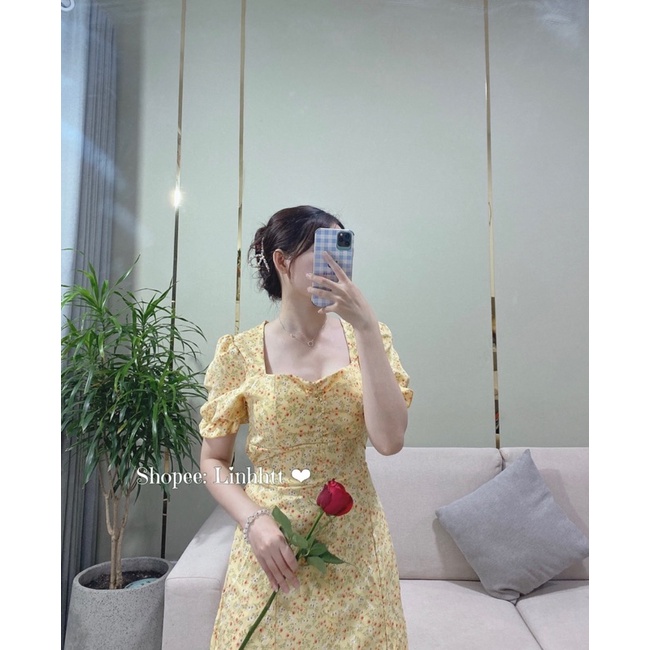 ĐÂM HOA CỔ VUÔNG TAY BỒNG DÁNG DÀI SẴN MÚT NGỰC