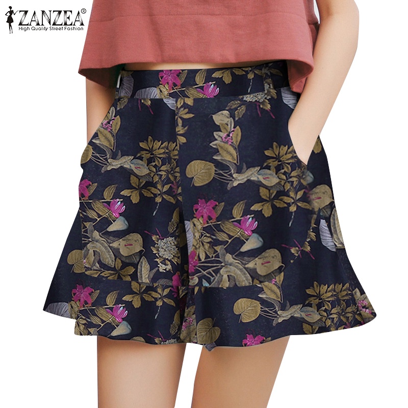 Zanzea Quần ngắn ống rộng Lưng Thun Viền Bèo In Họa Tiết Phong Cách Cổ Điển Thời Trang Cho