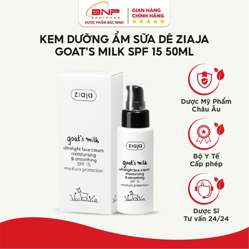 Kem dưỡng ẩm sữa dê Ziaja Goat's Milk Ultralight Face Cream Moisturising & Smoothing SPF15 mềm mịn, ngừa lão hóa da 50ml