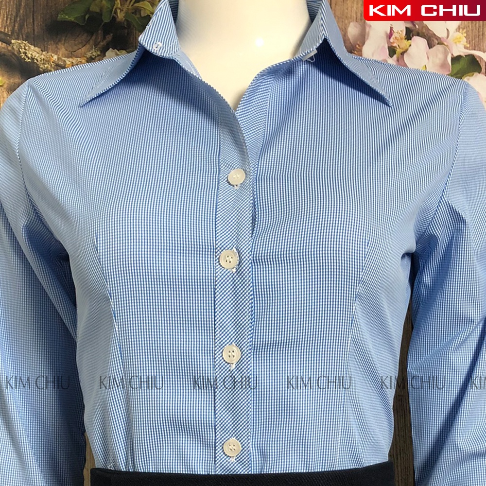 Áo sơ mi nữ Kim Chiu công sở kẻ Caro, màu Xanh tay dài vải kate mỹ đẹp ít nhăn giãn nhẹ. SMTD01