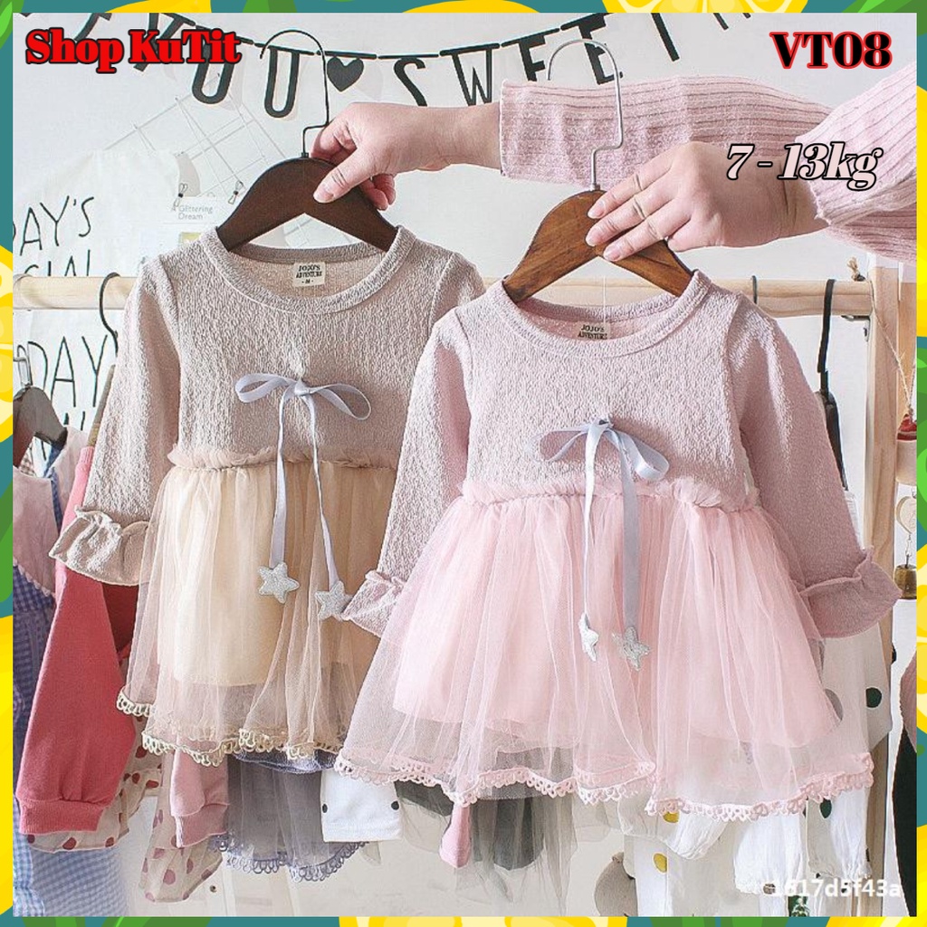 Váy thun dài tay phối ren đính nơ sao dành cho bé gái 0-3 tuổi  VT08
