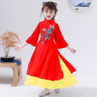 Áo dài cách tân cho bé gái, kiểu dáng tay áo loe, lửng, kết hợp váy dài (200557).