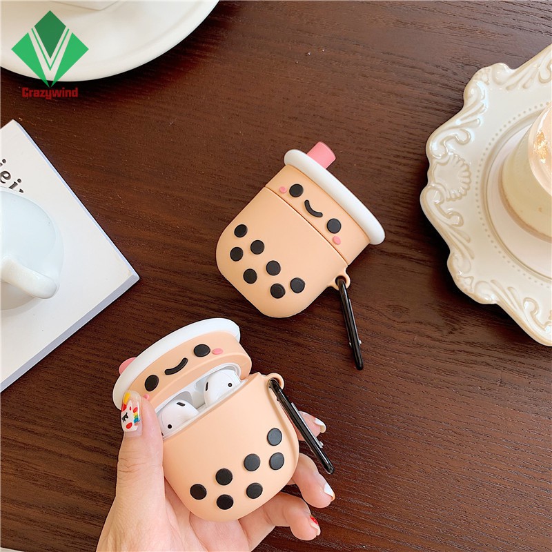 Bluetooth Headset Case Cute Cartoon Boba Tea with Keychain Silicone Dust-Proof Case For Airpods 1/2