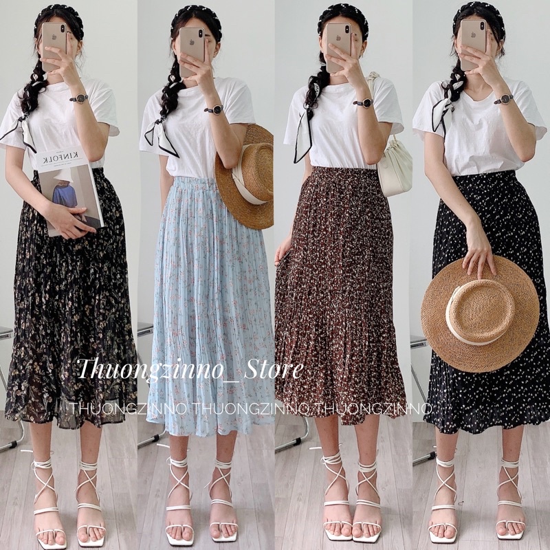 Chân váy hoa xếp li nhỏ Chân váy hoa nhí vintage dáng dài hàng Quảng Châu