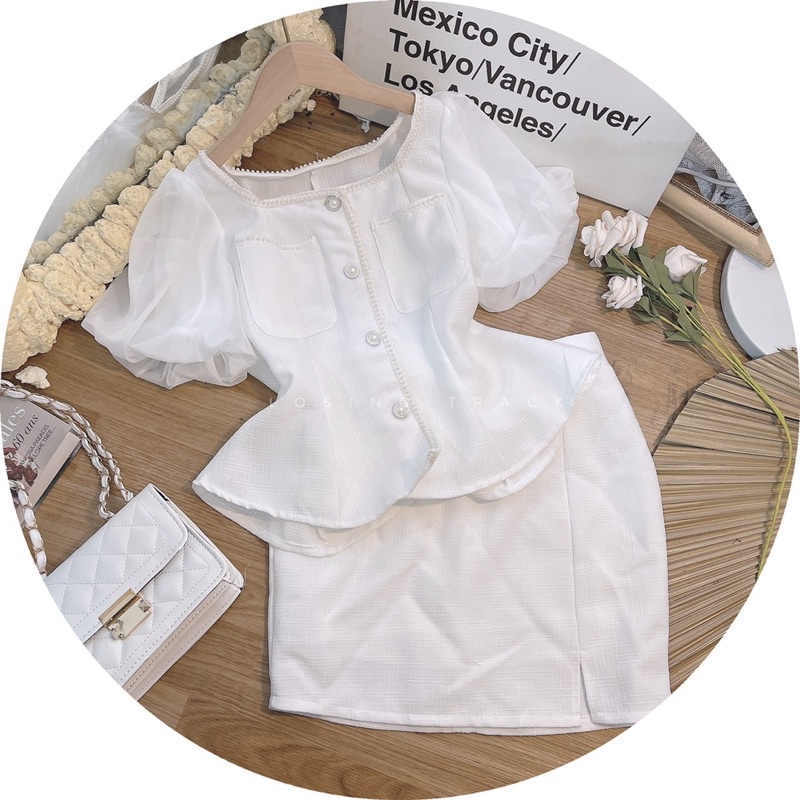 SET ÁO DẠ TAY PHỐI VOAN PEPLUM XOÈ NHẸ NÚT CỔ VIỀN REN + CHÂN VÁY XẺ