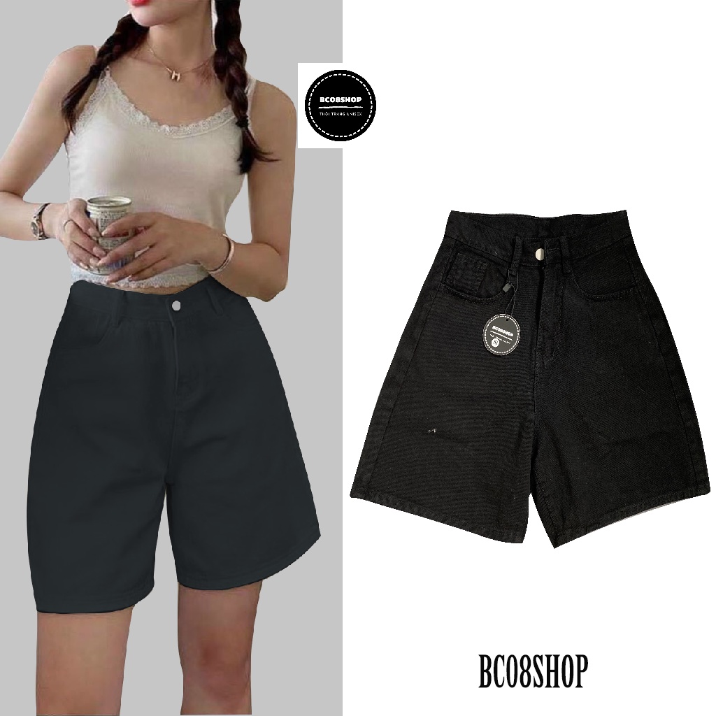Quần Short Jean Ngố Ống Rộng Lưng Cao màu Đen Phong cách Ulzzang BC340