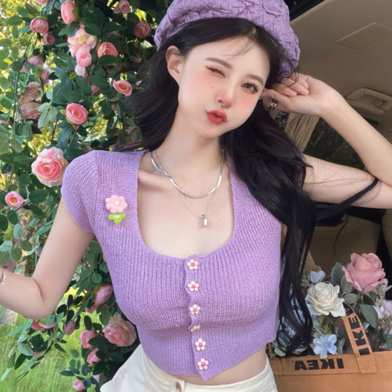 Áo len mongtoghi croptop đính hoa siêu xinh hàng Quảng Châu cao cấp