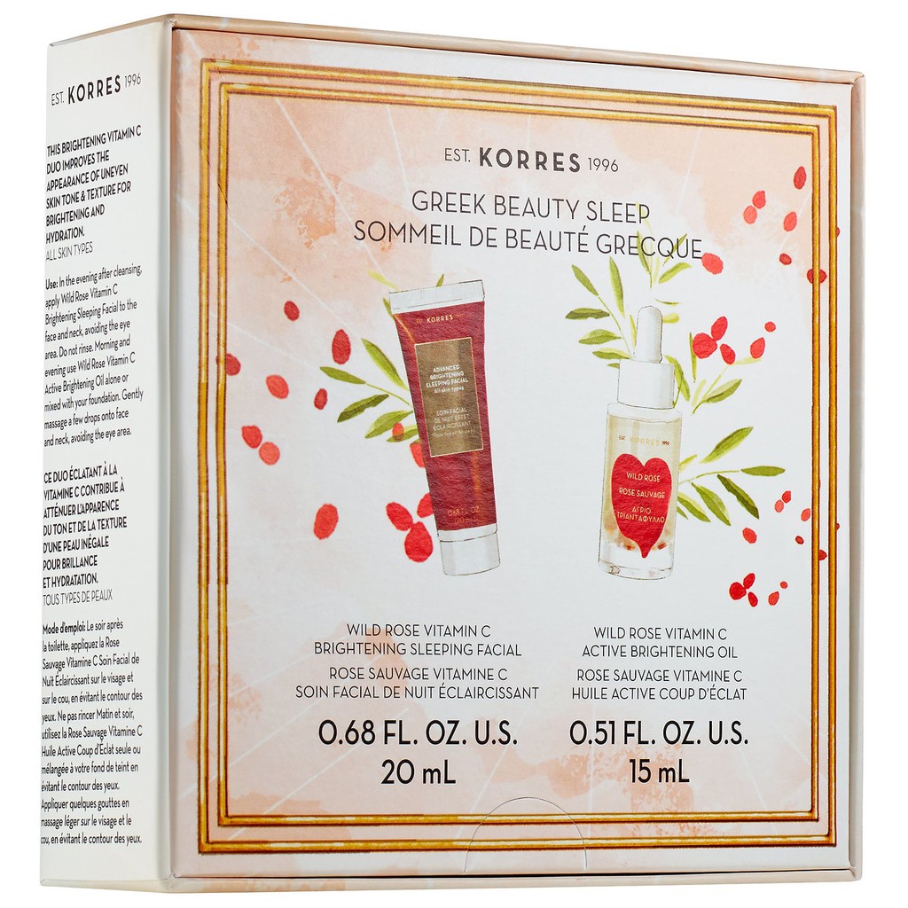 Set dưỡng Korres Greek Beauty Sleep 2 món gồm Wild Rose oil và mặt nạ ngủ