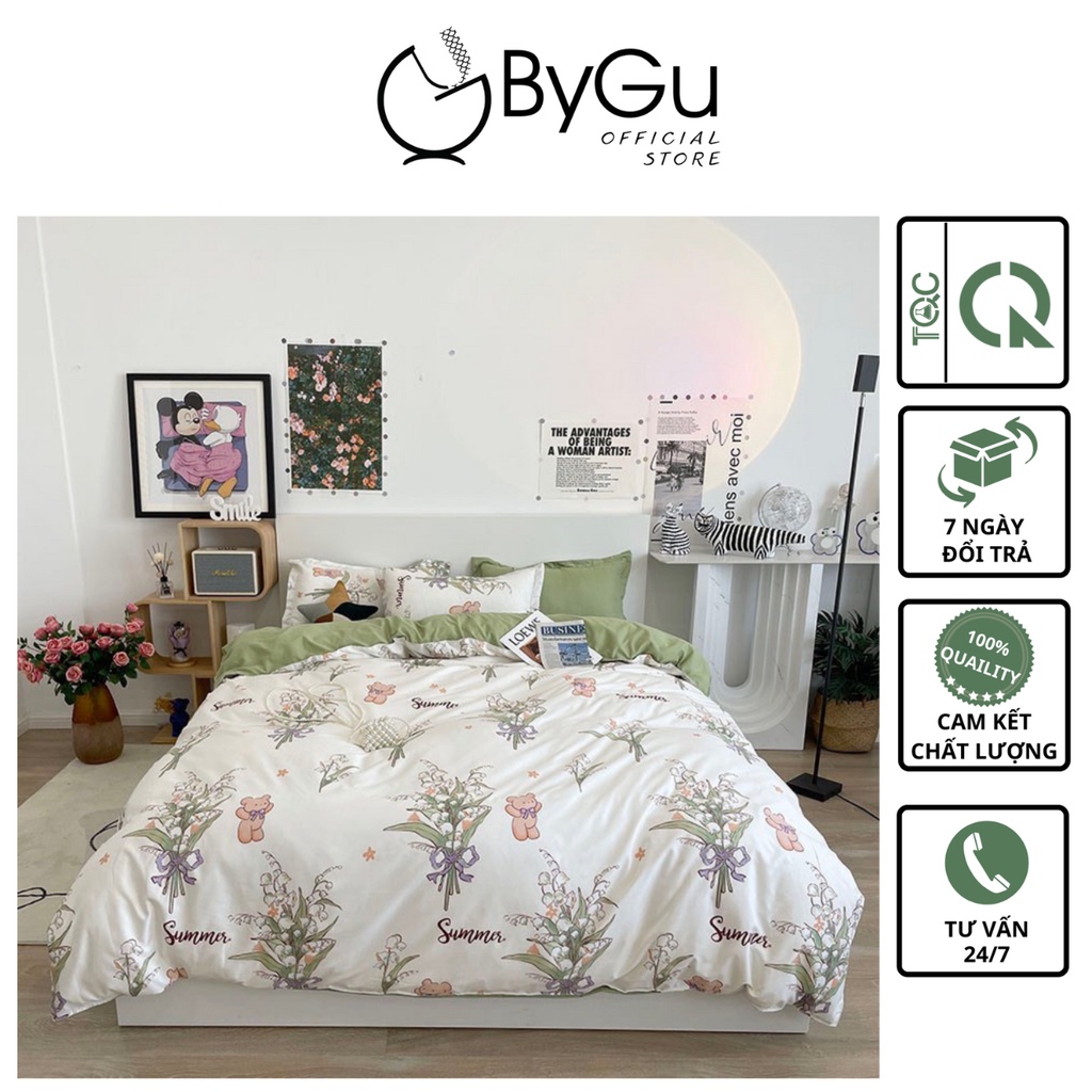Bộ ga giường 5 món chăn phao có ruột cao cấp cotton lụa mịn đẹp BYGU BGN02 P2118 - Freeship toàn quốc - Bảo hành 1 đổi 1