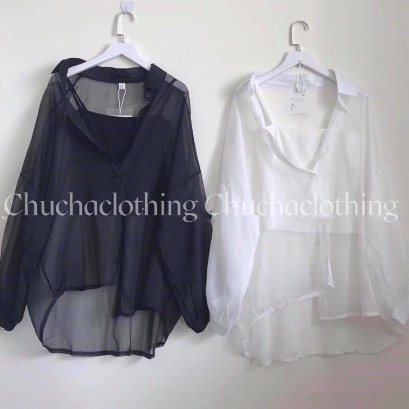 Áo khoác Sơ mi voan mỏng xuyên thấu, áo đi biển,Set Sơ mi áo hai dây-CHUCHALOTHING
