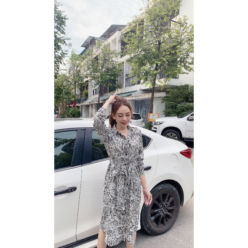 Váy sơ mi họa tiết túi hông vnxk