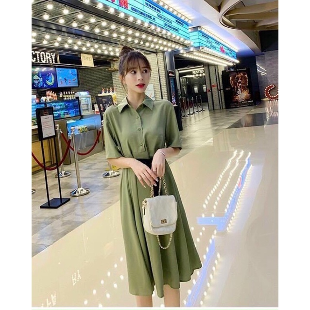 Váy sơ mi xanh nơ đen cực xinh, size 40-70kg Váy bầu công sở siêu xinh quà tặng đi chơi du lịch đi làm đều ok