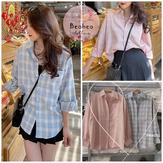 Áo sơ mi oversize tay phồng sọc caro xanh hồng pastel