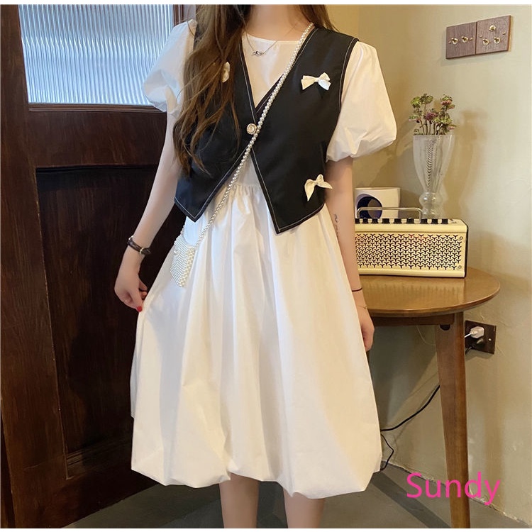 Plus Set Áo Tay Phồng + Đầm Phong Cách Retro Pháp Cho Nữ