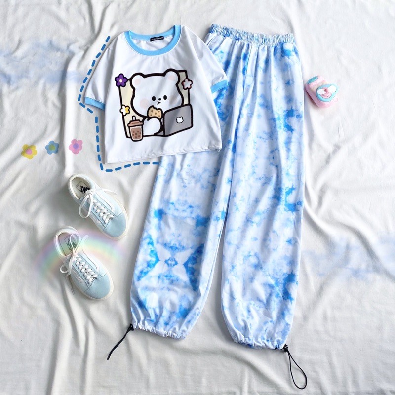 Set áo croptop + quần loang màu ống bo
