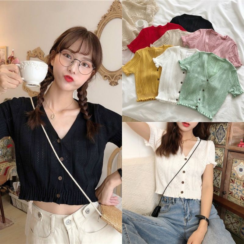 [Kèm Video thật]Áo crotop dệt kim tay ngắn thời trang quyến rũ cho nữ hàng sẵn