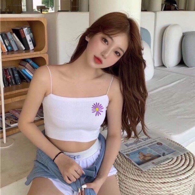 Áo croptop 2 dây cọng bún thêu hoa cúc chất thun gân Z3U