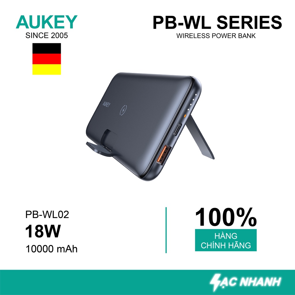 Sạc Dự Phòng Aukey PB-WL02 10.000 mAh, Sạc Nhanh PD 18W, QC 3.0 - Hàng Chính Hãng