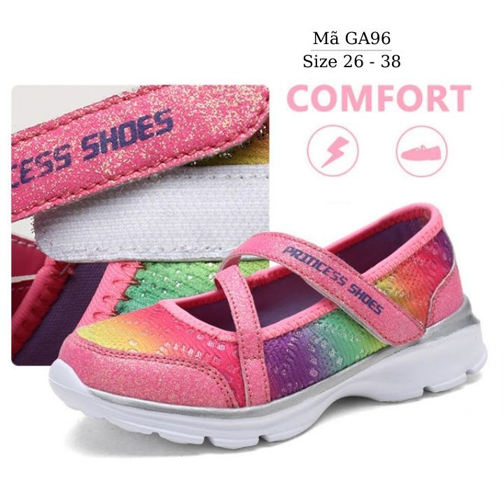 Giày trẻ em Princess shoes Giày cho bé gái 3 - 12 tuổi chống trơn siêu nhẹ có quai dán, nhũ lấp lánh 7 sắc cầu vồng GA96