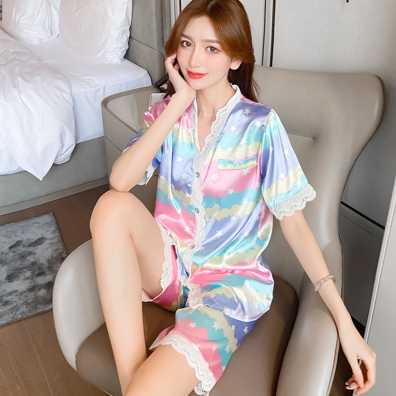 Bộ Đồ Ngủ Tay Ngắn Bằng Lụa Satin Thoải Mái Thời Trang Phong Cách Hàn Quốc Cho Nữ