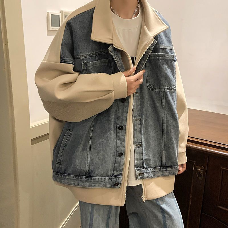 Áo Khoác Denim Giả Hai Lớp Dáng Rộng Phong Cách Hàn Quốc Thời Trang Xuân Thu Cho Nam