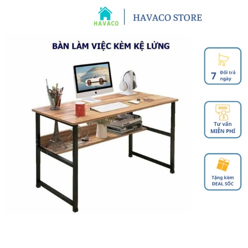 Bàn làm việc kèm kệ lửng, bàn học chân sắt sơn tĩnh điện mặt bàn gỗ MDF cao cấp dễ dàng tháo lắp