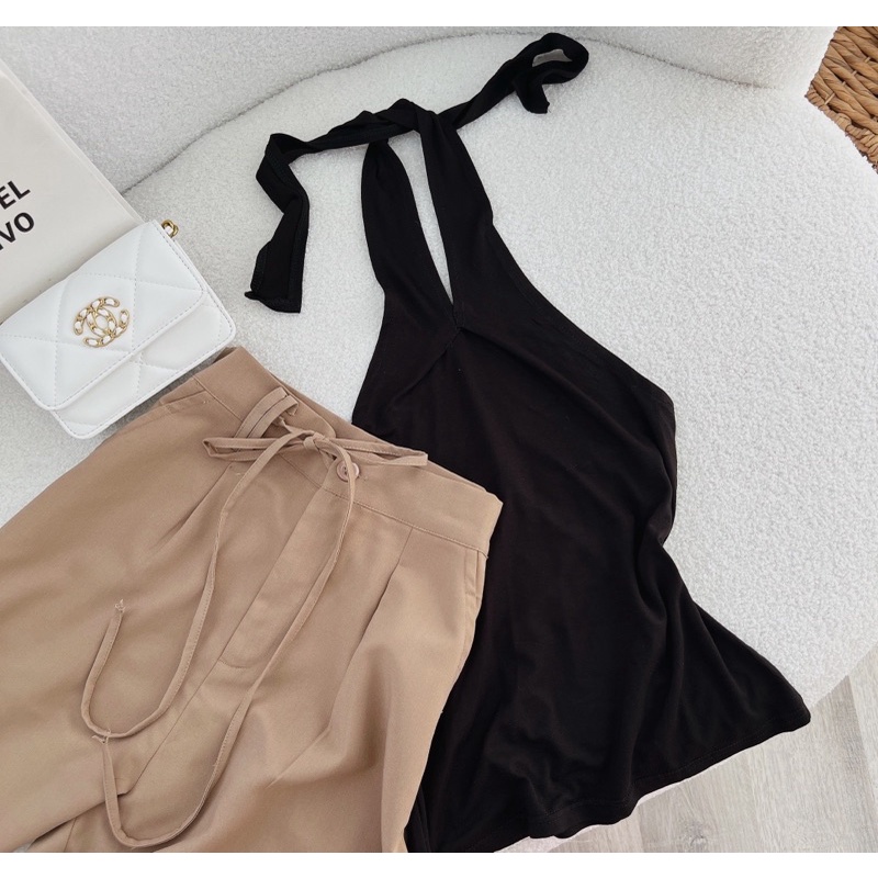 Set nữ set áo yếm đen+ quần suông nâu lên dáng xịn chất đẹp kèm sàn