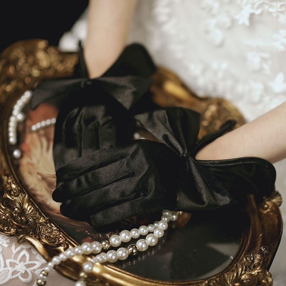 [Aishang Phụ Kiện Đẹp] Găng Tay Ngắn Bằng Satin Thắt Nơ Đen Dùng Khi Biểu Diễn Đám Cưới / Biểu Diễn Sân