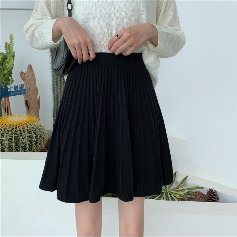 Chân váy Len Ngắn Xếp ly Dáng chữ A Lưng cao Màu trơn Ulzzang Hàn Quốc Chân váy Len Ngắn Cạp cao Thu Đông