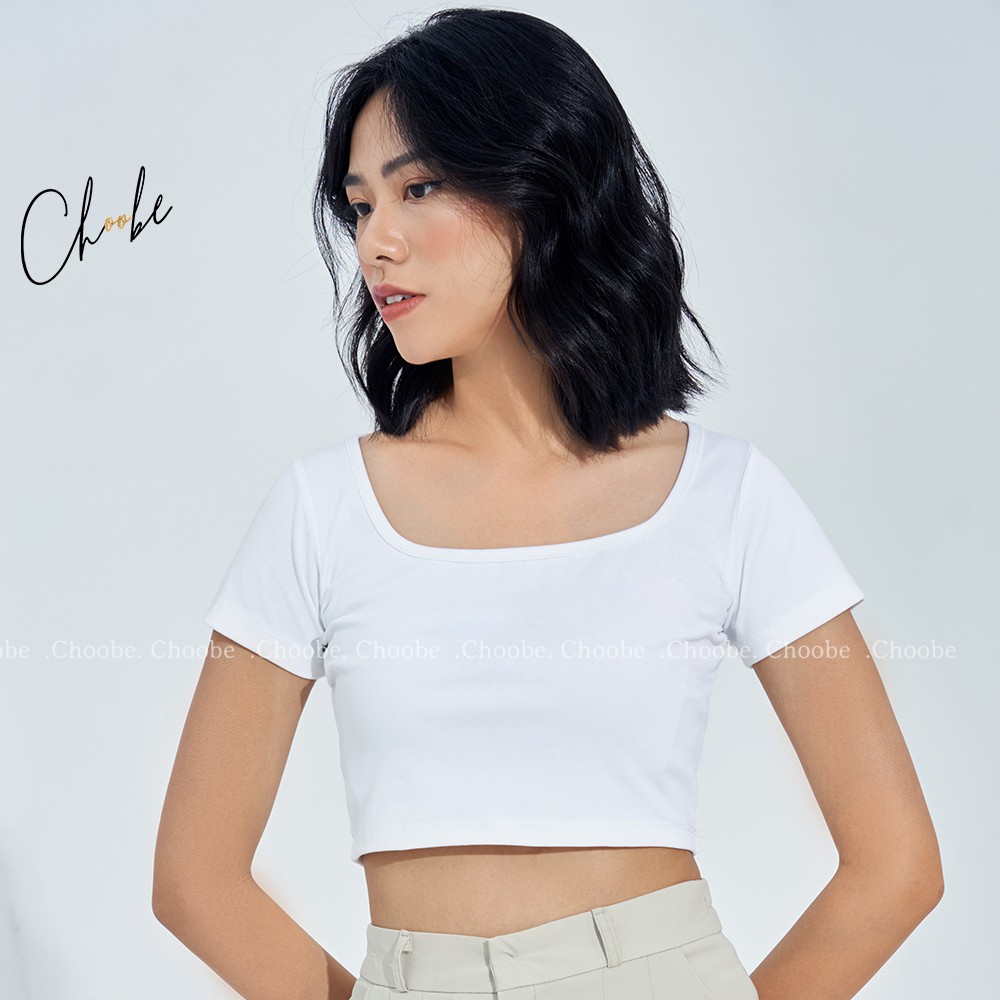 Áo croptop Choobe cổ vuông vải cotton co giãn tốt ba lỗ nữ cộc tay body thun ôm nhiều màu sắc