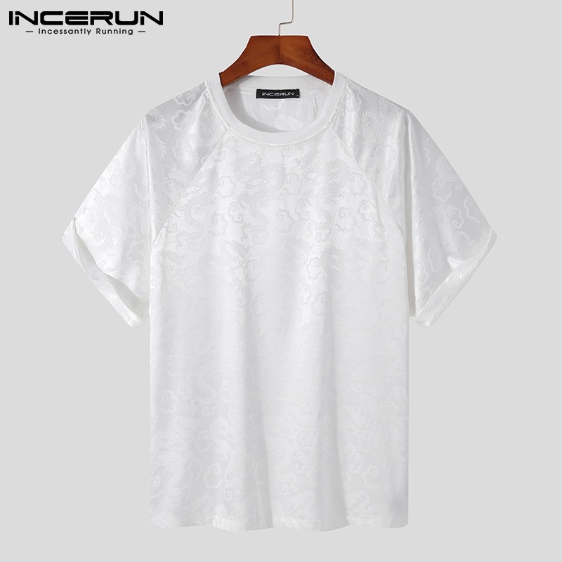Áo thun nam INCERUN dáng rộng tay ngắn in họa tiết rồng phong cách Trung Hoa retro