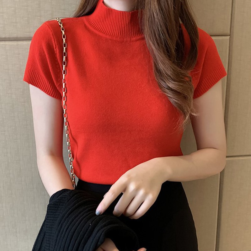 Áo Vải Dệt Kim Nữ Cổ Lọ Tay Ngắn