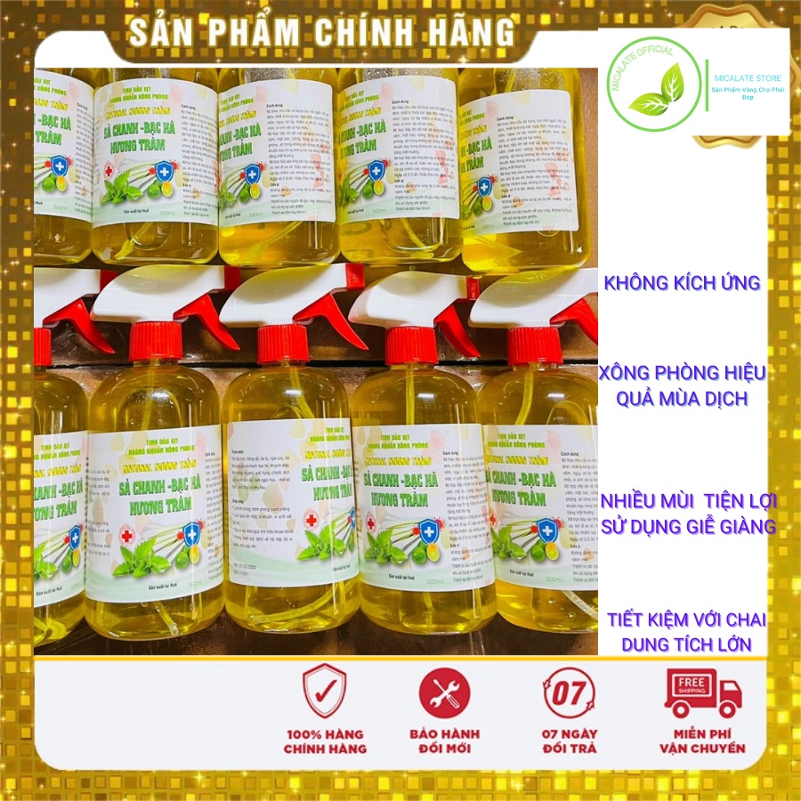 Tinh Dầu Xông Phòng, Xịt Phòng, Kháng Khuẩn mùa dịch Hương Bạc Hà, Sả Chanh, Hương Tràm Đuổi Muỗi, Khử Mùi  chai 500ml