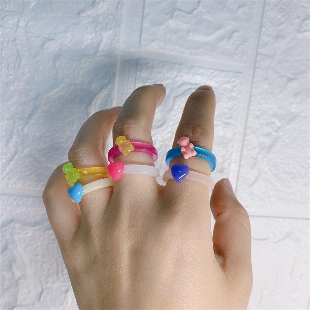 Nhẫn Acrylic Trong Suốt Họa Tiết Trái Tim / Gấu Hoạt Hình Dễ Thương Cho Nữ