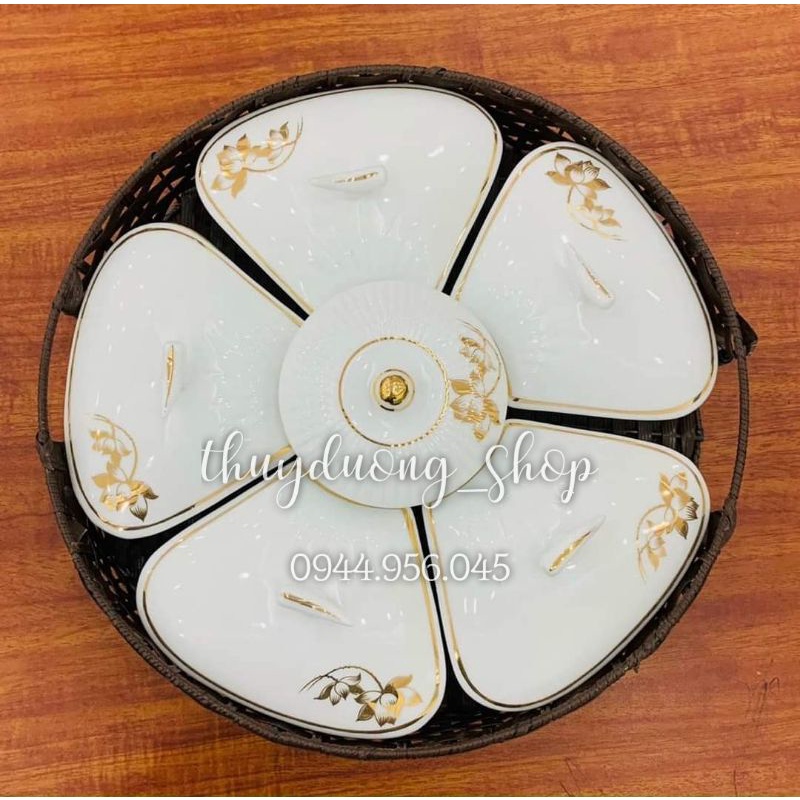 khay mứt tết, khay đựng bánh kẹo , mứt bằng sứ kẻ Viền Vàng