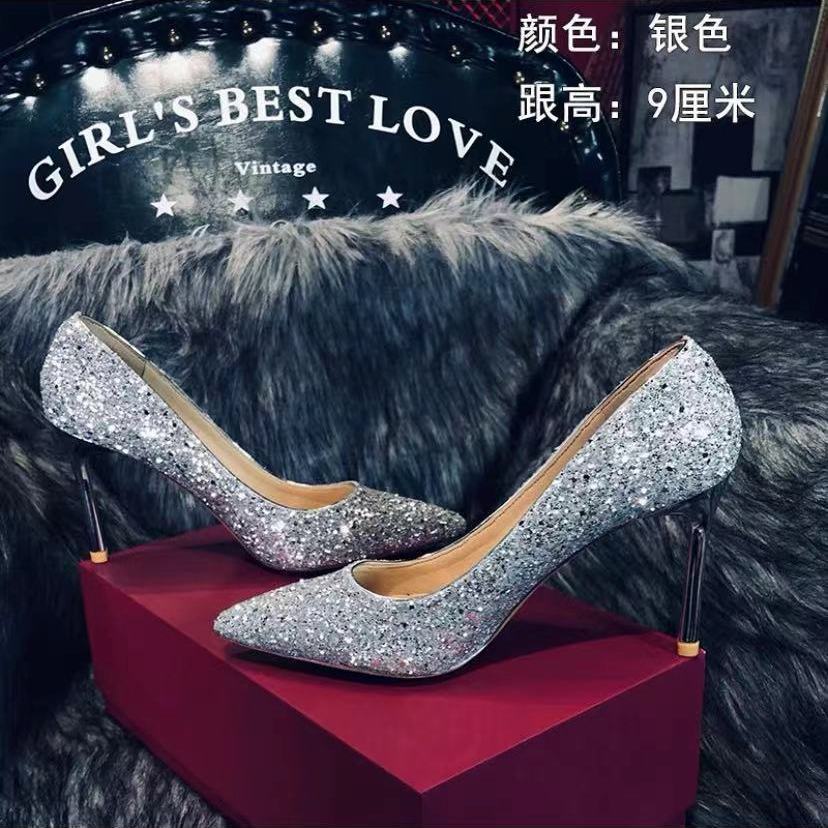 Giày Cao Gót Mũi Nhọn Đính Đá Pha Lê Lấp Lánh Thời Trang Xuân Thu 2021 Cho Nữ