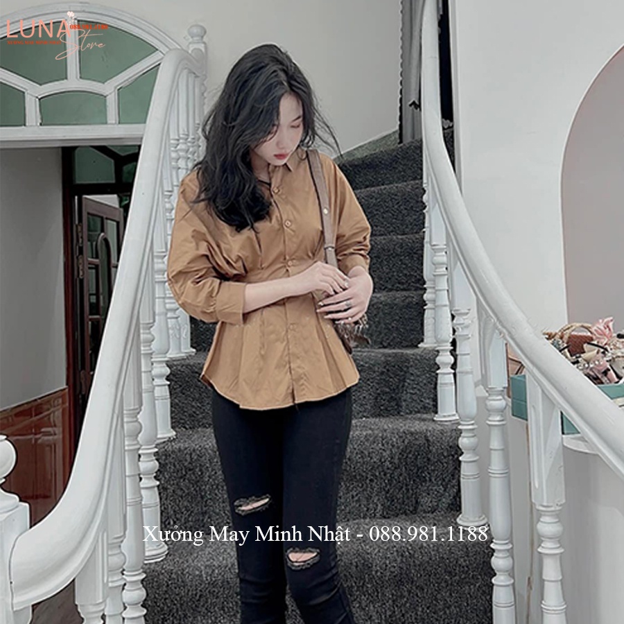 Áo sơ mi trắng nữ chiết eo tay lỡ phồng bồng xếp ly tôn dáng cổ V bẻ vải mềm cho sinh viên mặc đi học sinh làm công sở