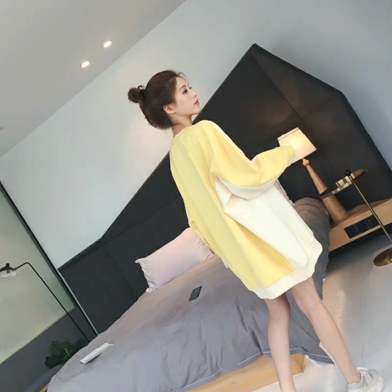 Áo sweater Mỏng Tay Dài Cổ Tròn Dáng Rộng Màu Sắc Khối Lập Thể Thời Trang Cho Nữ