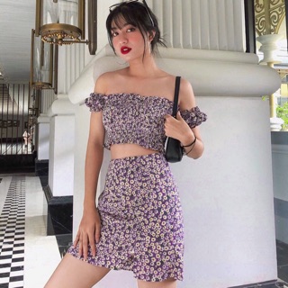 Set áo trễ vai+chân váy hoa Tím