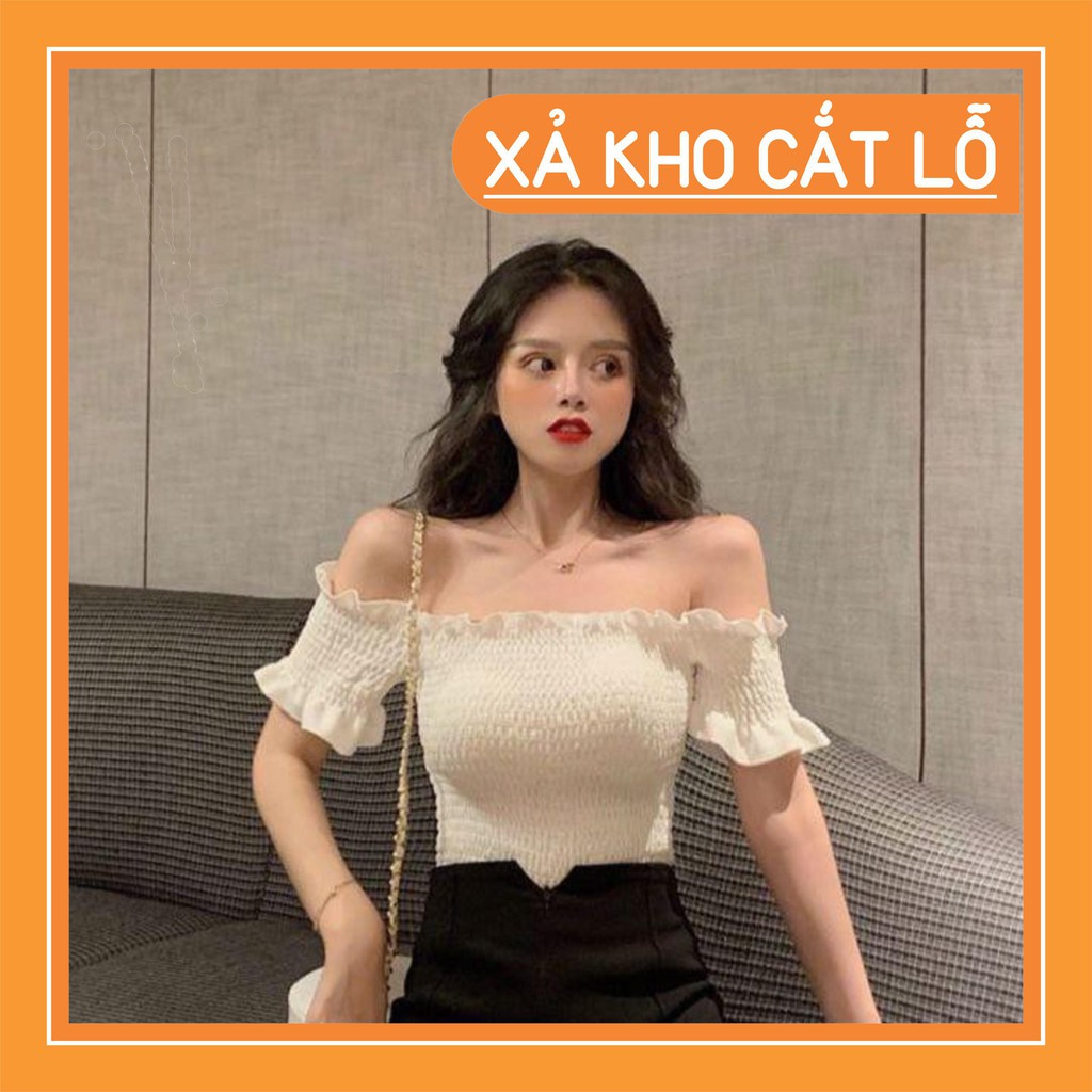 🌲 [Year End Sale] 1125A11B1 Áo trễ vai tay con voan nhún kiểu croptop năng động, cá tính