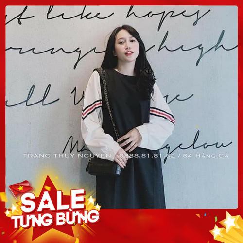 VÁY SUÔNG TAY BỒNG PHỐI KẺ - ĐẦM SUÔNG ĐEN QUỐC DÂN PHỐI TAY TRẮNG SƠ MI SỌC -Hàng nhập khẩu
