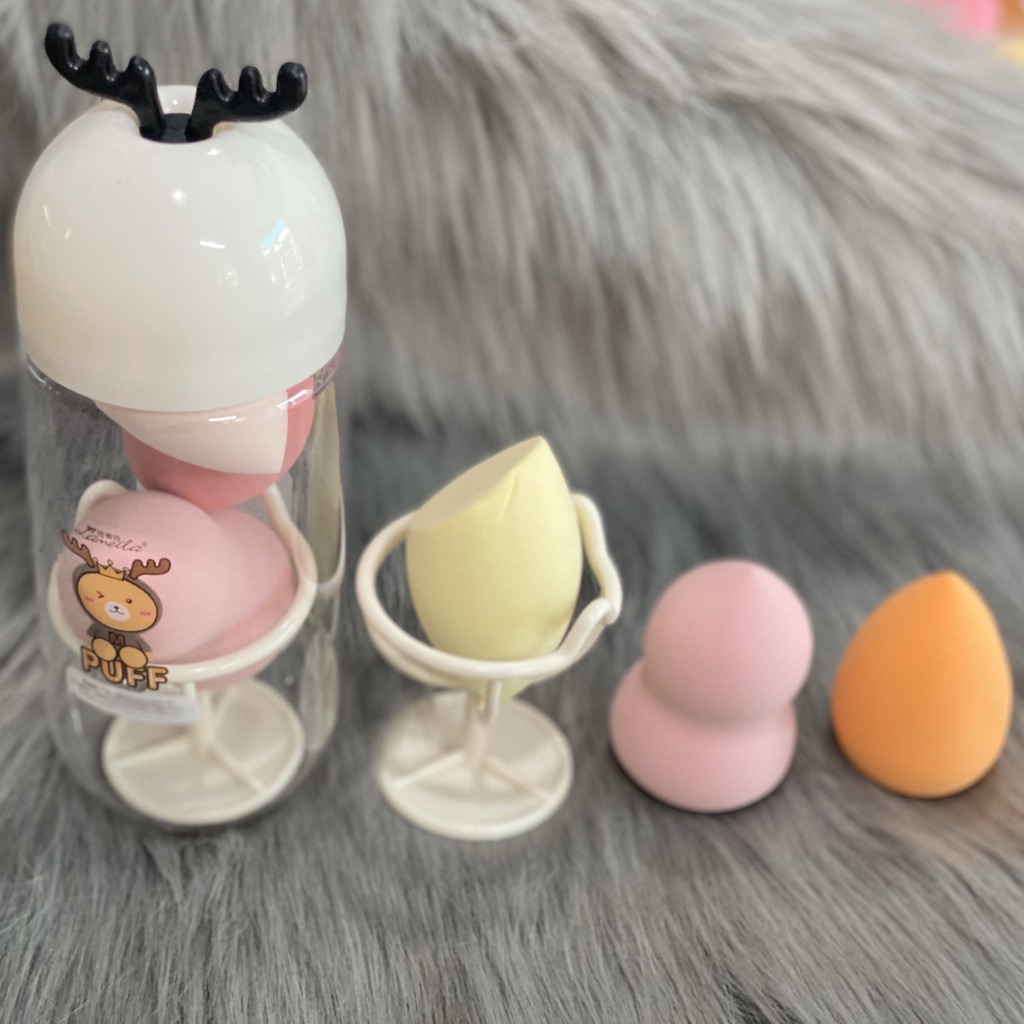 Hộp 3 loại mút trang điểm + chân đế đựng mút Lameila