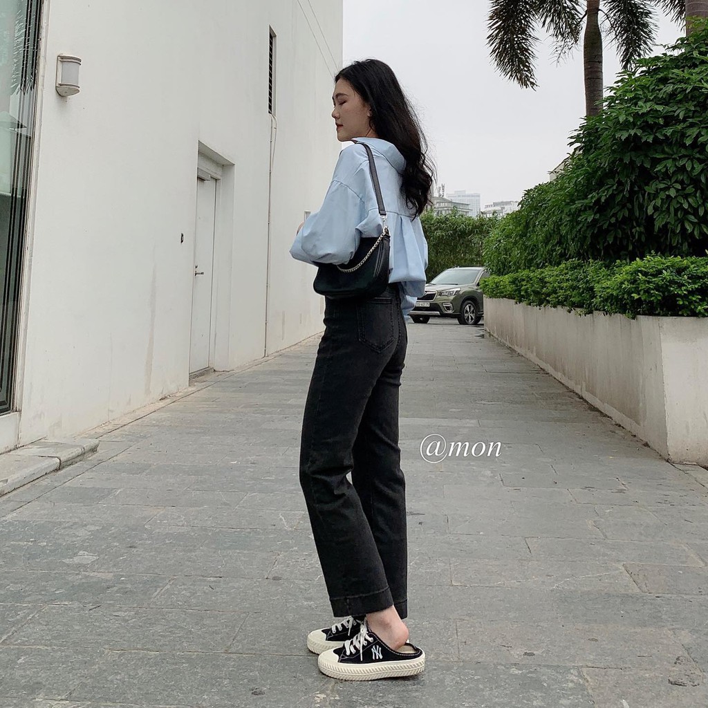 2101385 Quần jeans nữ ulzzang co giãn ống đứng form vừa màu xám đen có size