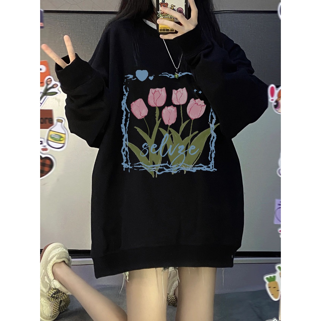 Áo sweater tay dài cổ tròn màu đen phong cách retro Mỹ dành cho nữ